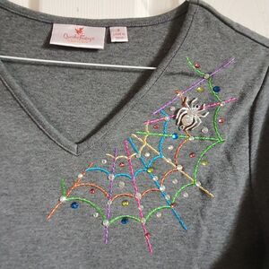 Quacker Factory Halloween Shirt Small Colorful Spider Web 3/4 Sleeve Sequins